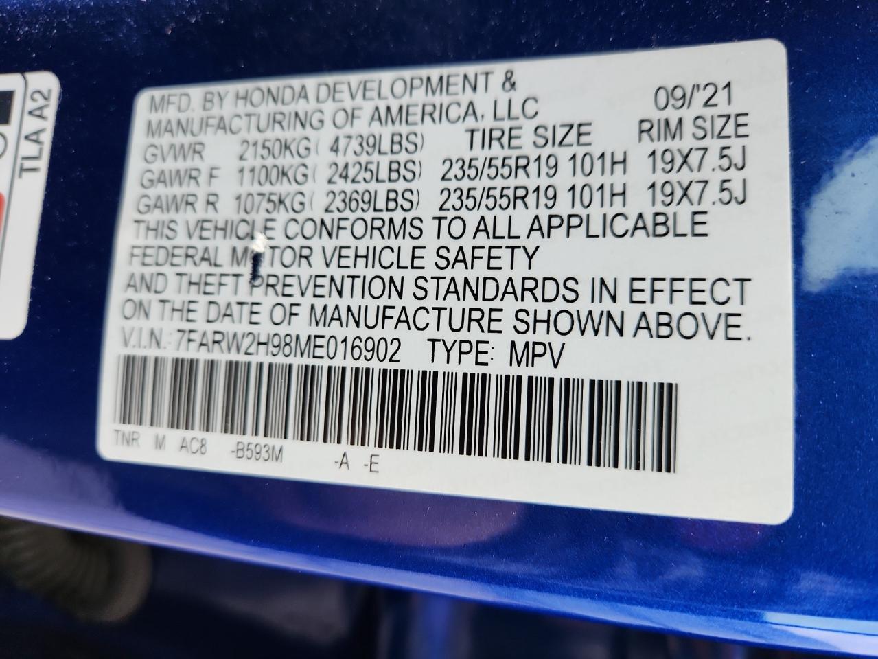 2021 Honda Cr-V Touring VIN: 7FARW2H98ME016902 Lot: 85344135
