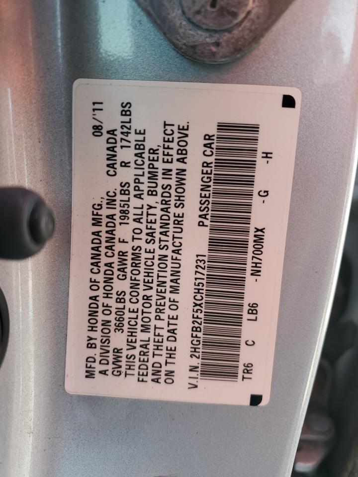 2012 Honda Civic Lx VIN: 2HGFB2F5XCH517231 Lot: 85652575