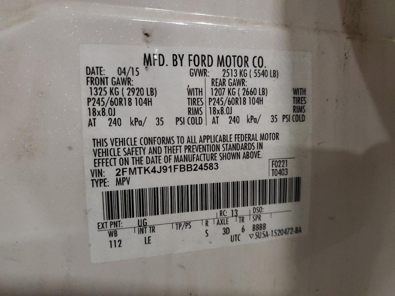 2015 Ford Edge Sel VIN: 2FMTK4J91FBB24583 Lot: 86727965