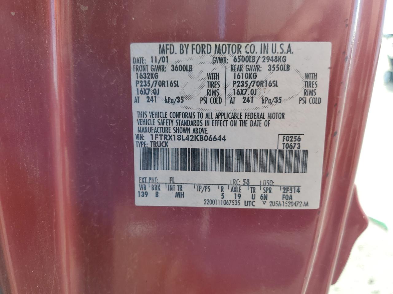 2002 Ford F150 VIN: 1FTRX18L42KB06644 Lot: 80748055