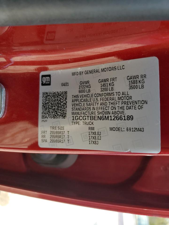 2021 Chevrolet Colorado VIN: 1GCGTBEN6M1266189 Lot: 81984895