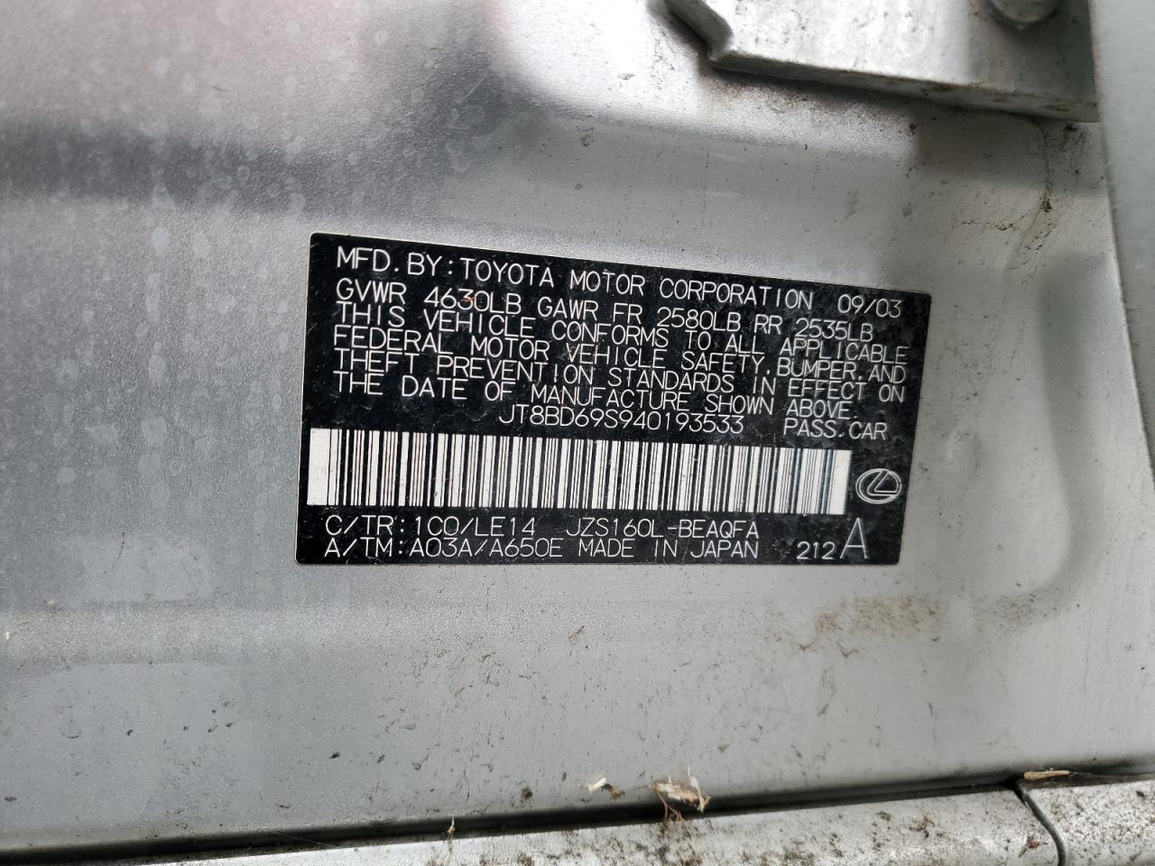 2004 Lexus Gs 300 VIN: JT8BD69S940193533 Lot: 86606515