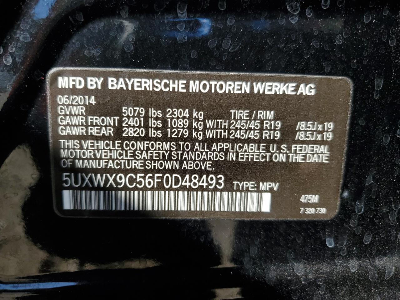 2015 BMW X3 xDrive28I VIN: 5UXWX9C56F0D48493 Lot: 85122585