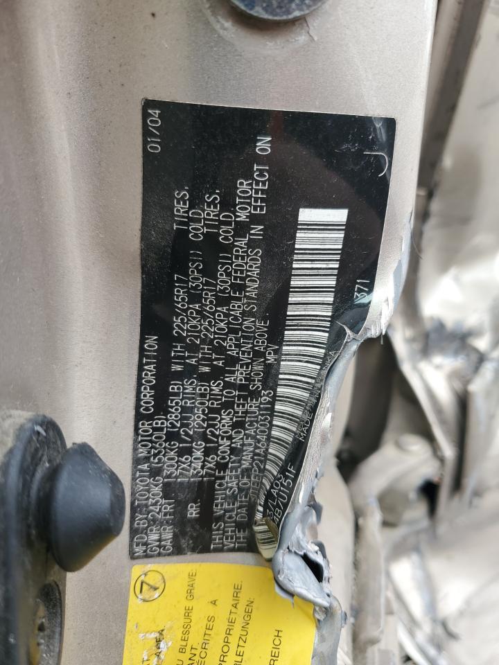 2004 Toyota Highlander VIN: JTEEP21A640031193 Lot: 90102435