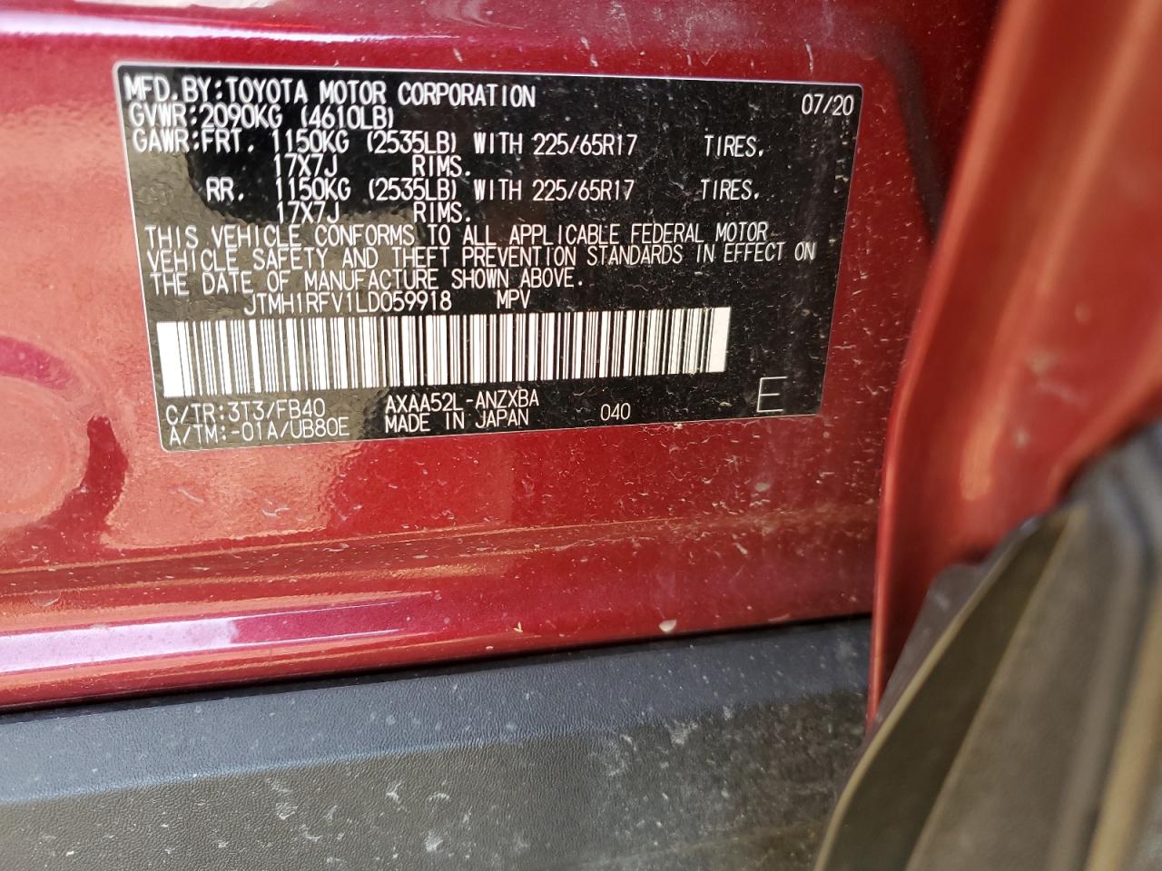 2020 Toyota Rav4 Le VIN: JTMH1RFV1LD059918 Lot: 89801925