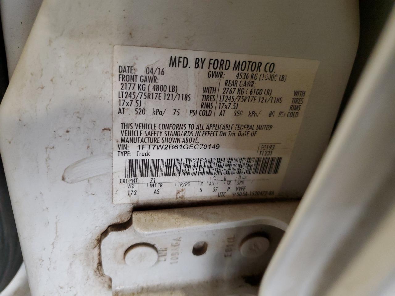 2016 Ford F250 Super Duty VIN: 1FT7W2B61GEC70149 Lot: 81560935