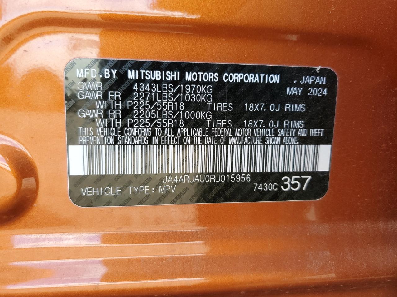 2024 Mitsubishi Outlander Sport S/Se VIN: JA4ARUAU0RU015956 Lot: 90887085