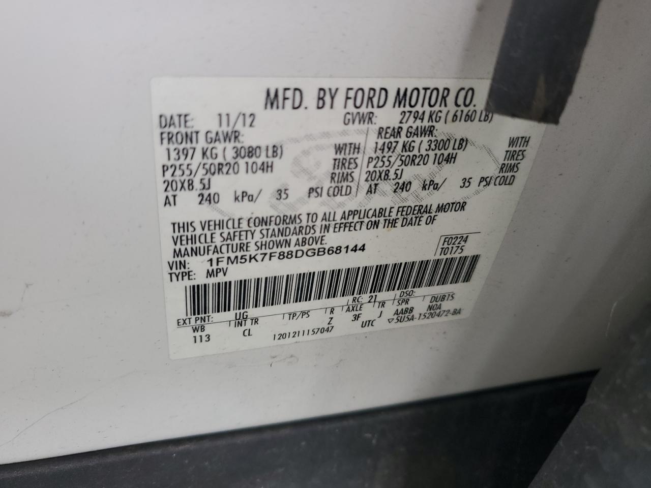 2013 Ford Explorer Limited VIN: 1FM5K7F88DGB68144 Lot: 85341235