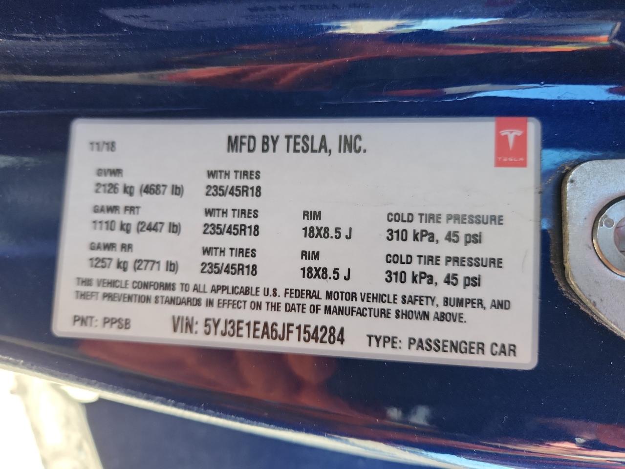 2018 Tesla Model 3 VIN: 5YJ3E1EA6JF154284 Lot: 86479775