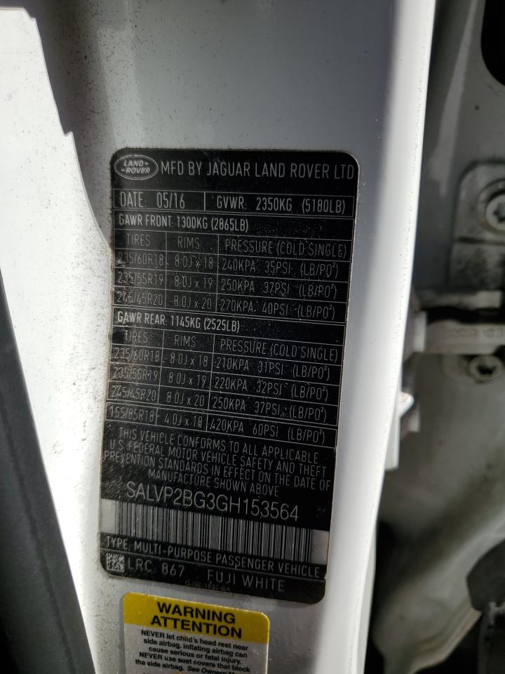 2016 Land Rover Range Rover Evoque Se VIN: SALVP2BG3GH153564 Lot: 85731535