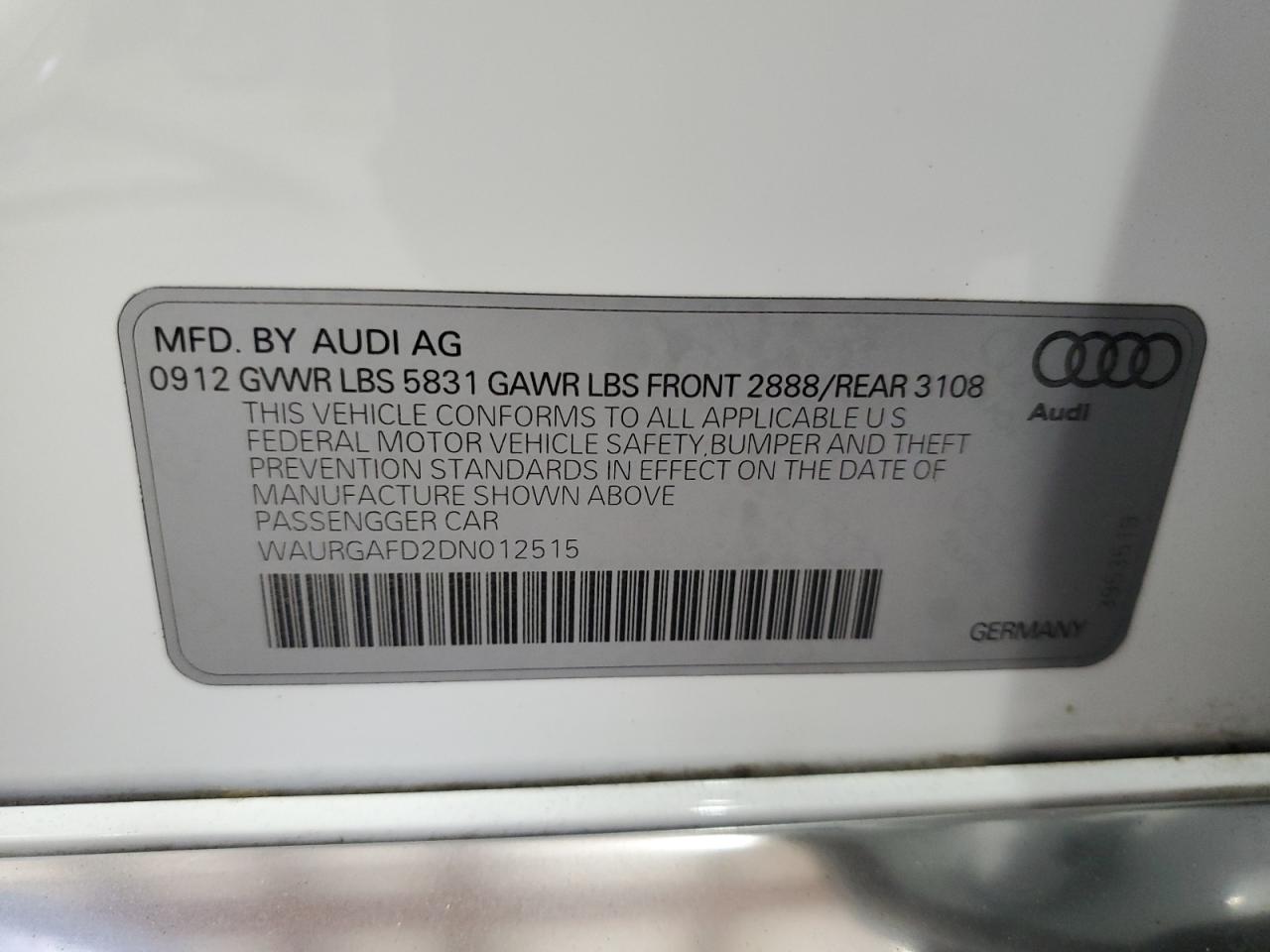 2013 Audi A8 L Quattro VIN: WAURGAFD2DN012515 Lot: 82341875