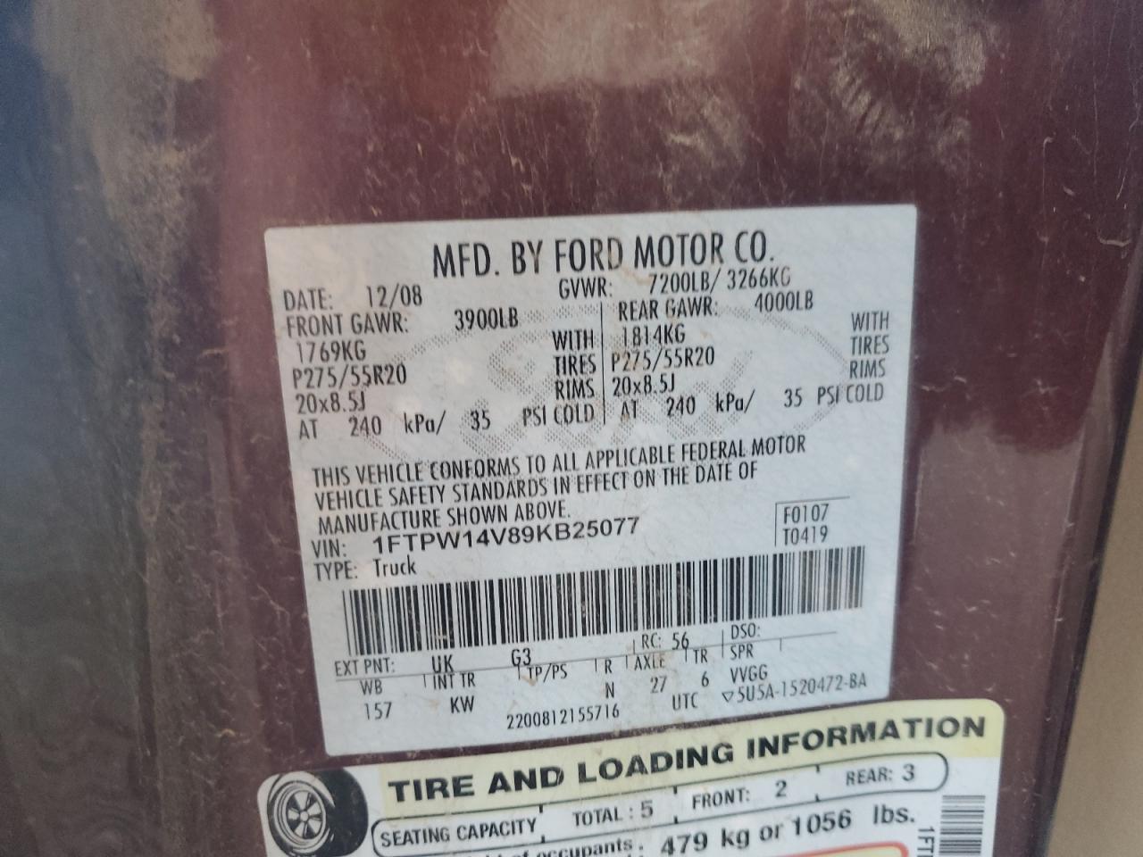 2009 Ford F150 Supercrew VIN: 1FTPW14V89KB25077 Lot: 90726445