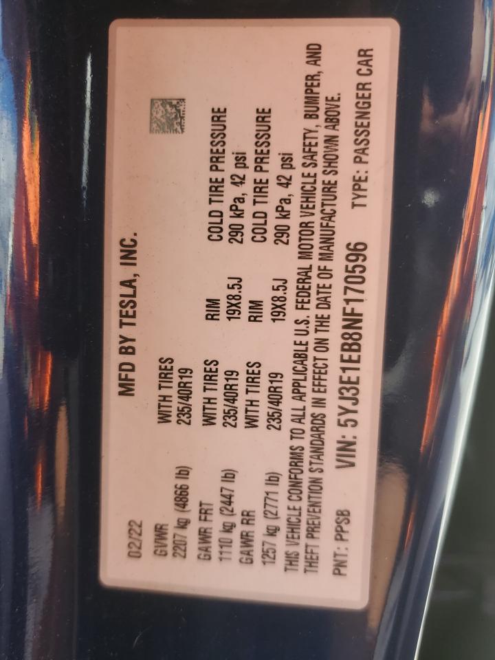 2022 Tesla Model 3 VIN: 5YJ3E1EB8NF170596 Lot: 84988385