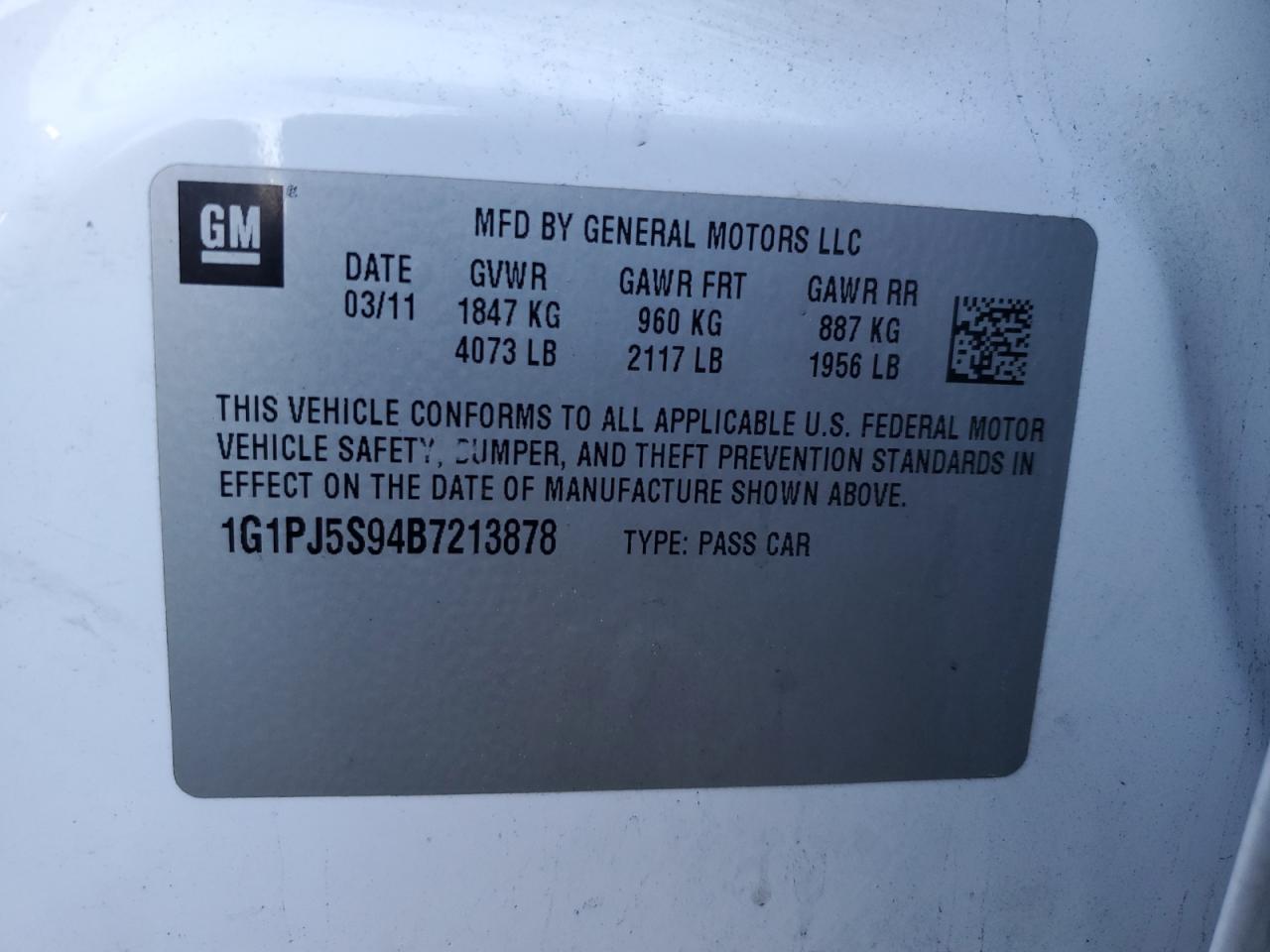 2011 Chevrolet Cruze Eco VIN: 1G1PJ5S94B7213878 Lot: 85782995