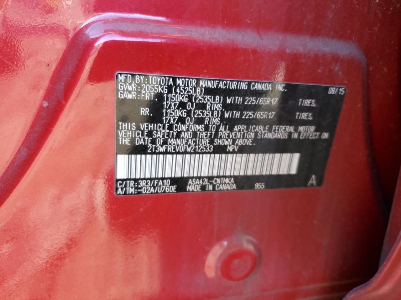 2015 Toyota Rav4 Xle VIN: 2T3WFREV0FW212533 Lot: 85846725