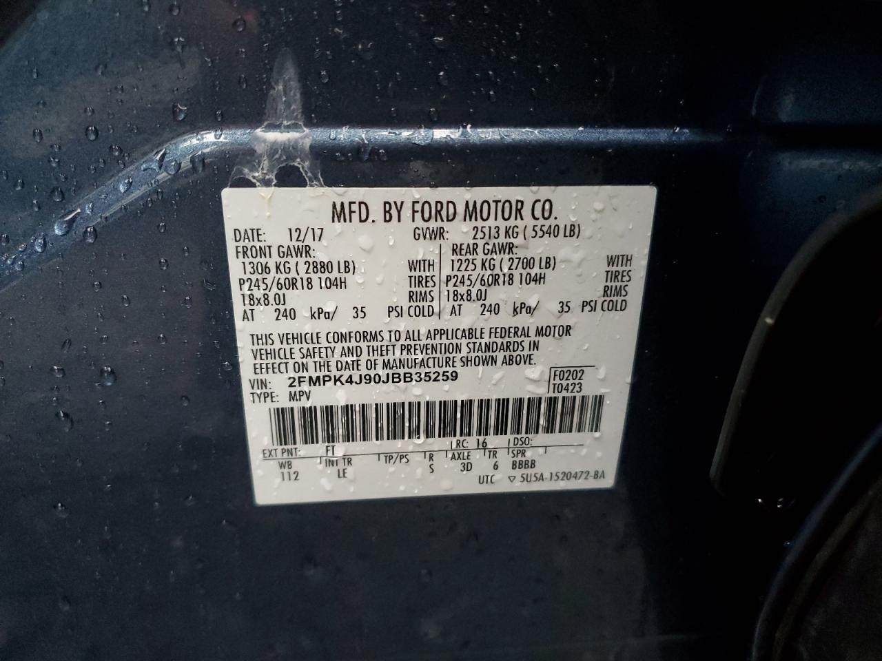 2018 Ford Edge Sel VIN: 2FMPK4J90JBB35259 Lot: 90787985