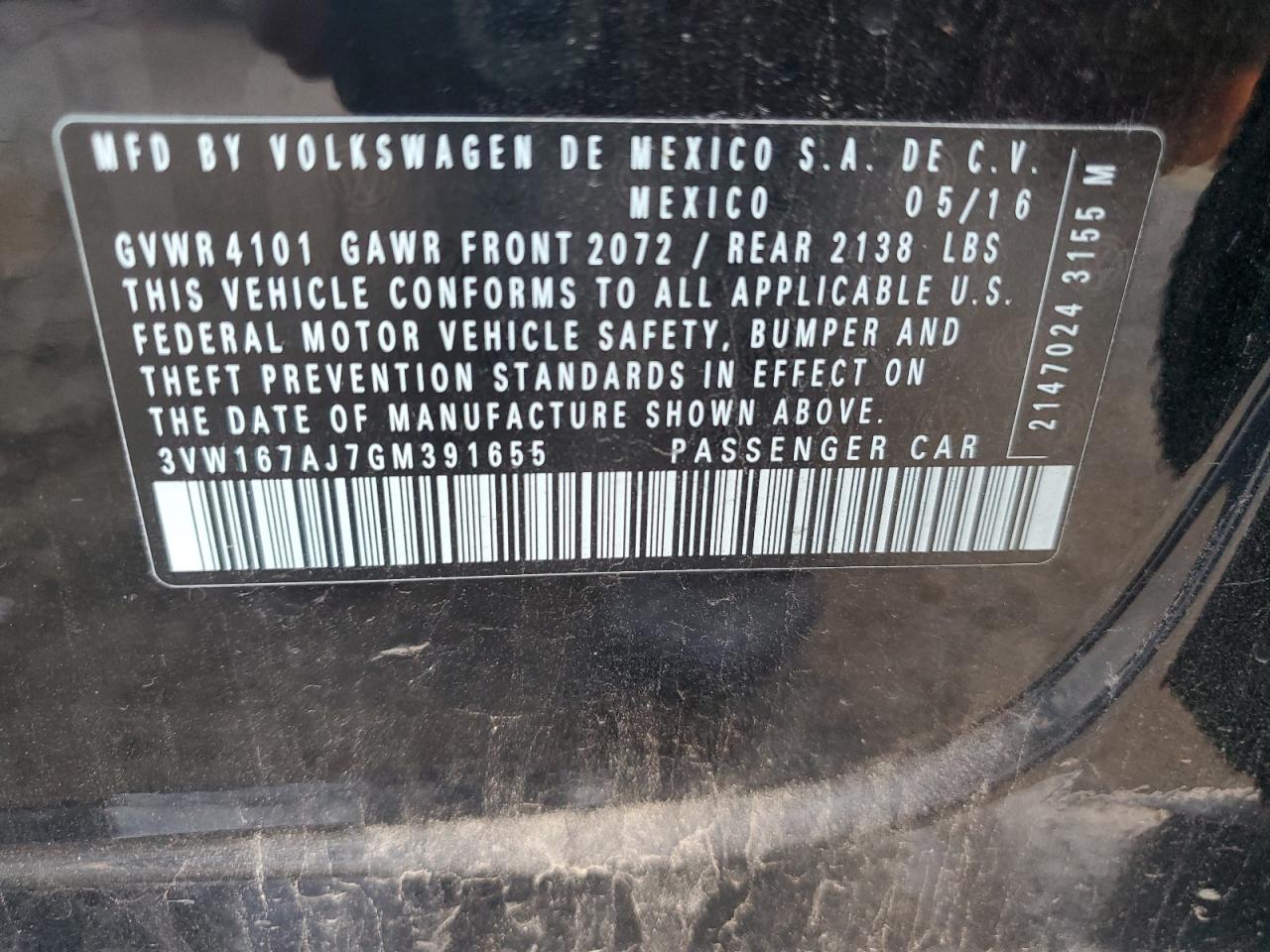 2016 Volkswagen Jetta S VIN: 3VW167AJ7GM391655 Lot: 85920405
