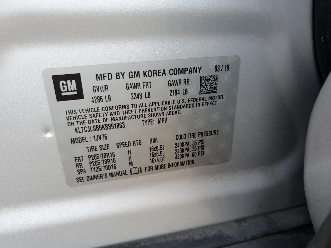 2019 Chevrolet Trax 1Lt VIN: KL7CJLSB6KB891863 Lot: 85911755