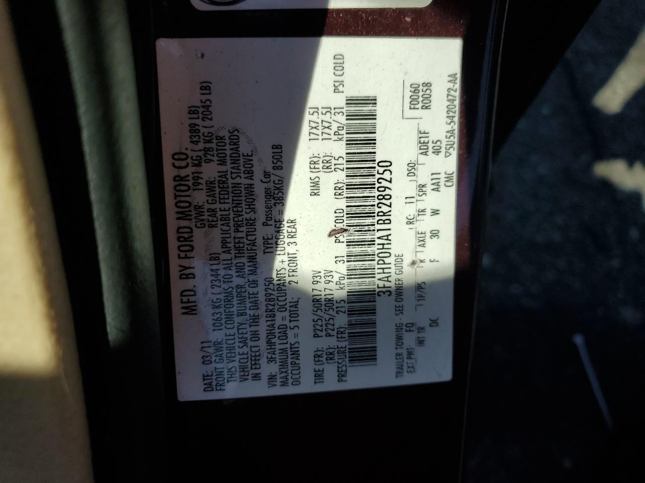 2011 Ford Fusion Se VIN: 3FAHP0HA1BR289250 Lot: 85170775