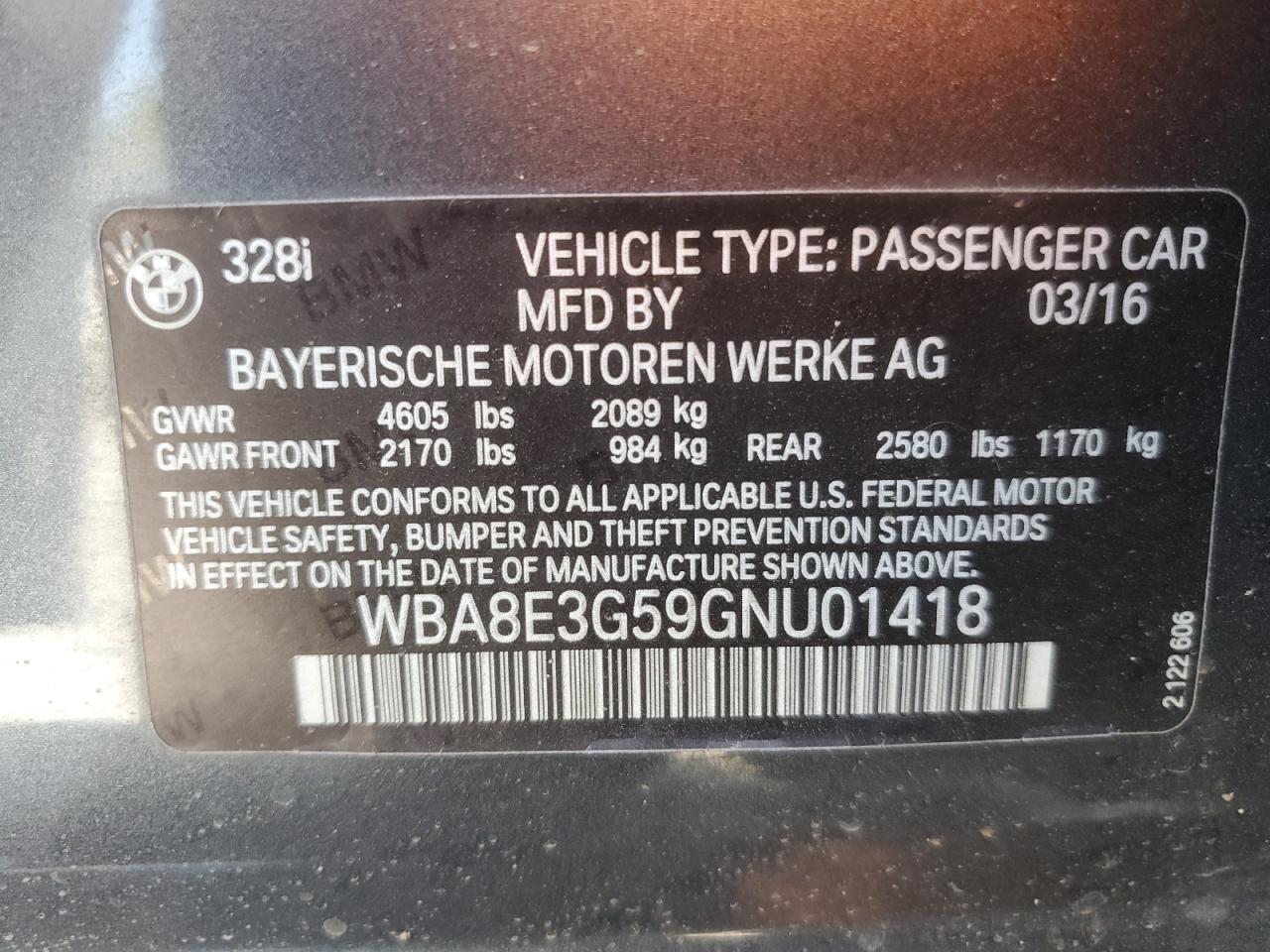 2016 BMW 328 Xi Sulev VIN: WBA8E3G59GNU01418 Lot: 86648095