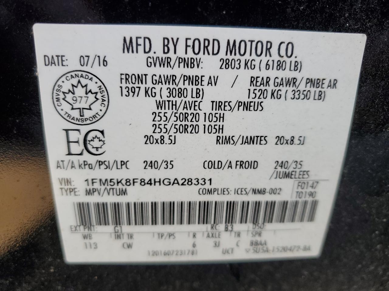 2017 Ford Explorer Limited VIN: 1FM5K8F84HGA28331 Lot: 85498425
