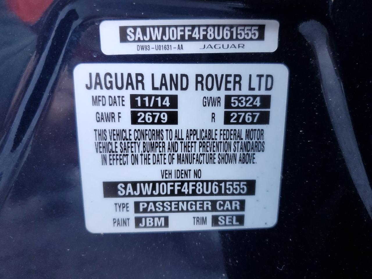 2015 Jaguar Xf 3.0 Sport Awd VIN: SAJWJ0FF4F8U61555 Lot: 82255335