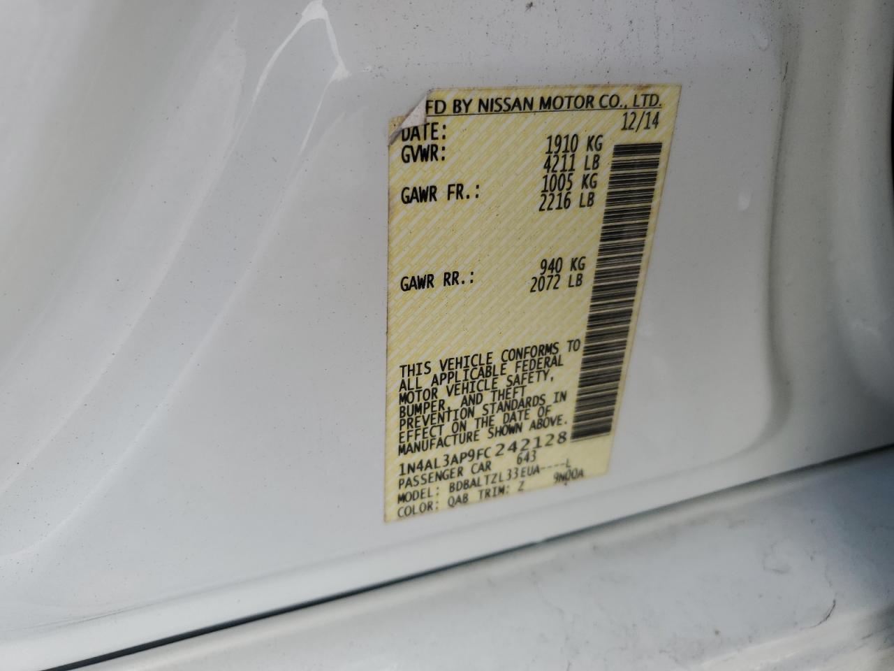 2015 Nissan Altima 2.5 VIN: 1N4AL3AP9FC242128 Lot: 85085085