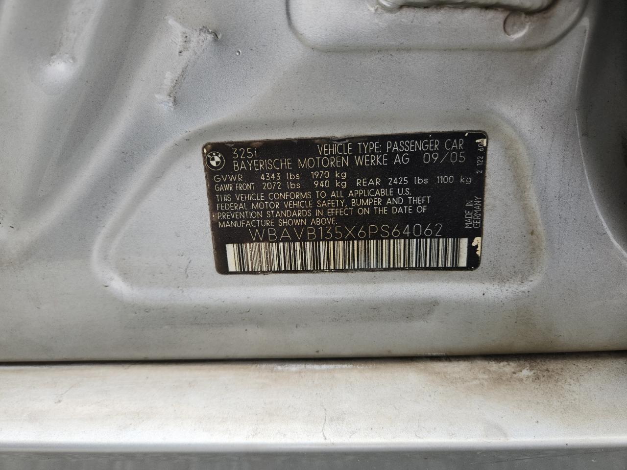 2006 BMW 325 I VIN: WBAVB135X6PS64062 Lot: 82267415