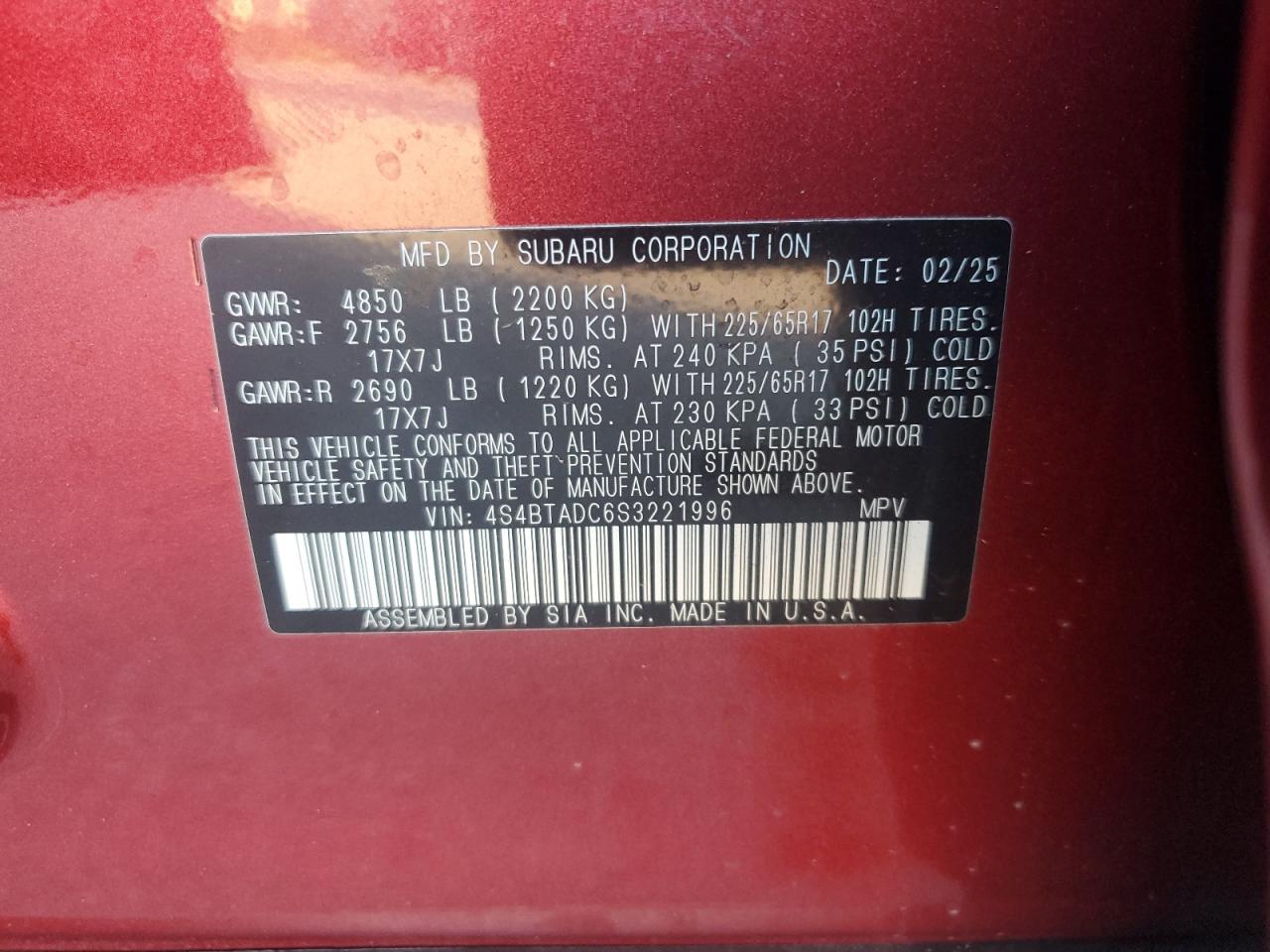 2025 Subaru Outback Premium VIN: 4S4BTADC6S3221996 Lot: 82411625