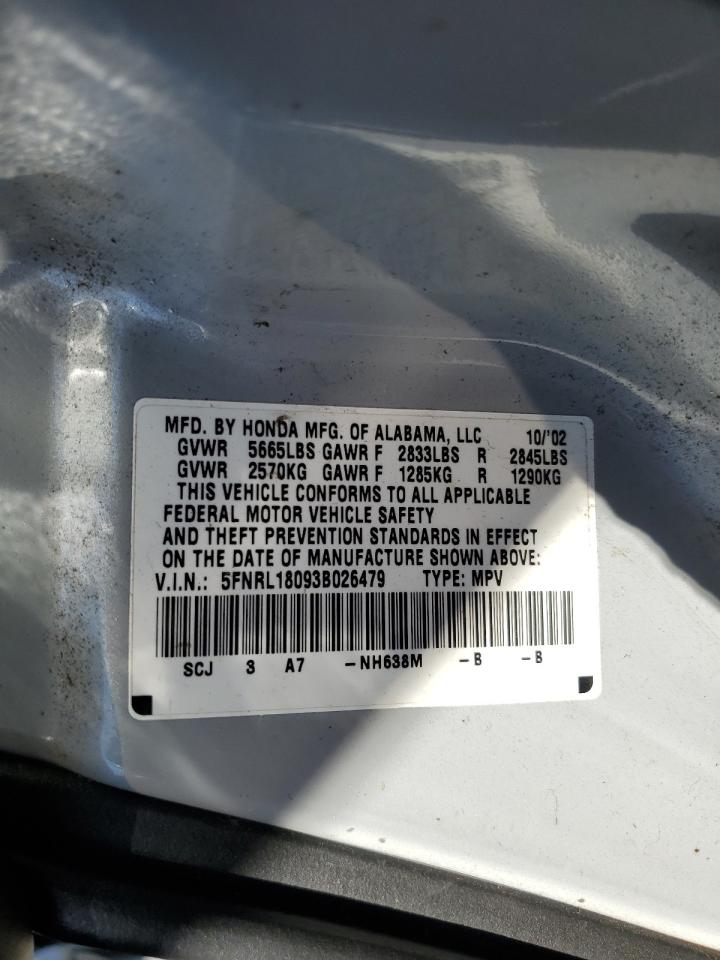 2003 Honda Odyssey Exl VIN: 5FNRL18093B026479 Lot: 86097615