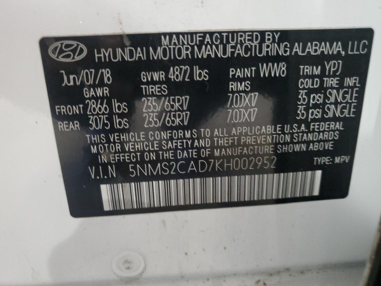 2019 Hyundai Santa Fe Se VIN: 5NMS2CAD7KH002952 Lot: 84963285