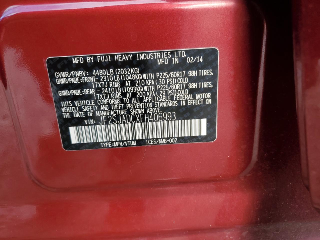 2015 Subaru Forester 2.5I Premium VIN: JF2SJADCXFH406993 Lot: 84637865