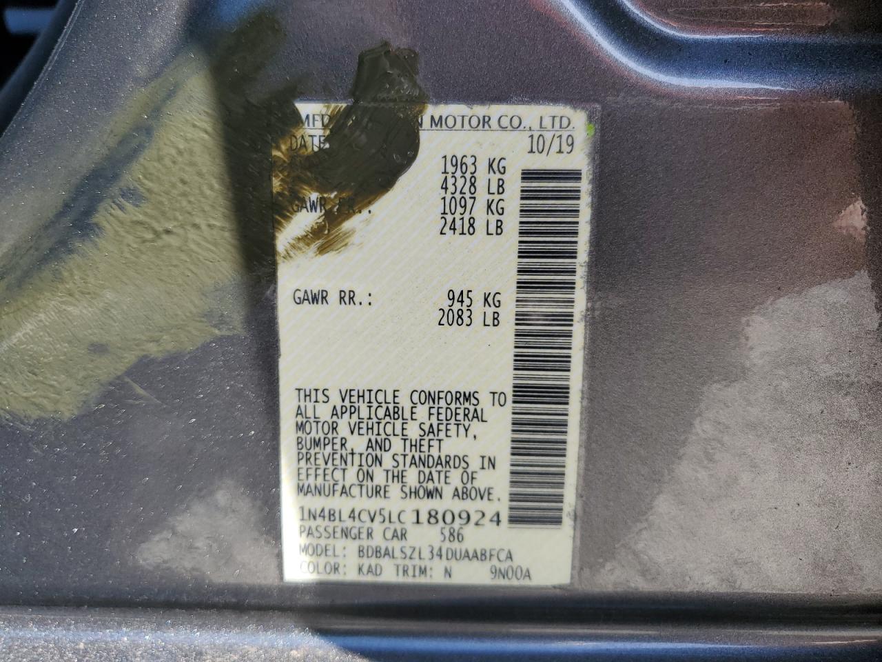 2020 Nissan Altima Sr VIN: 1N4BL4CV5LC180924 Lot: 81979495