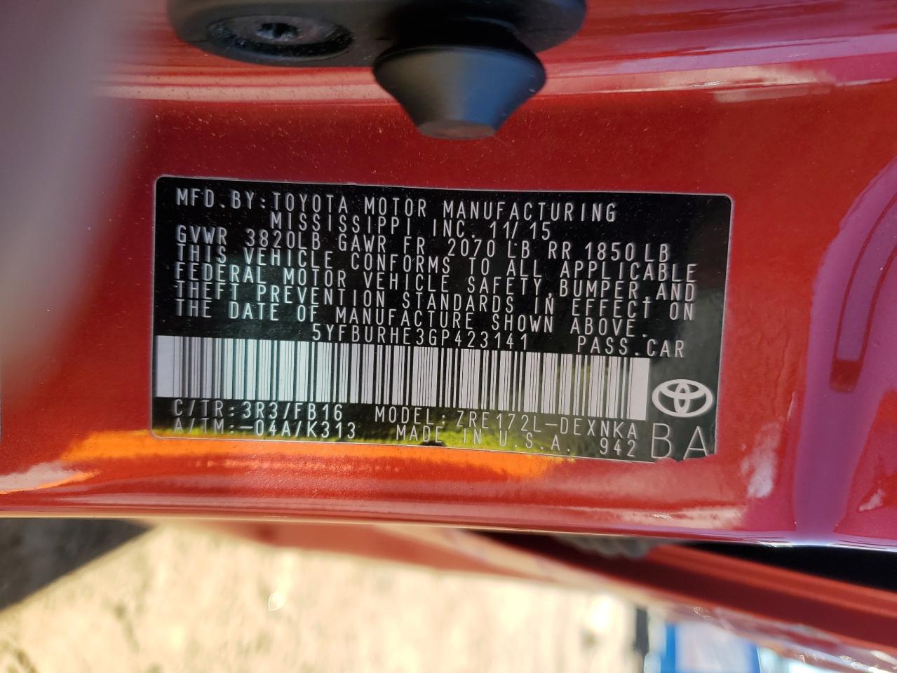 2016 Toyota Corolla L VIN: 5YFBURHE3GP423141 Lot: 87120635