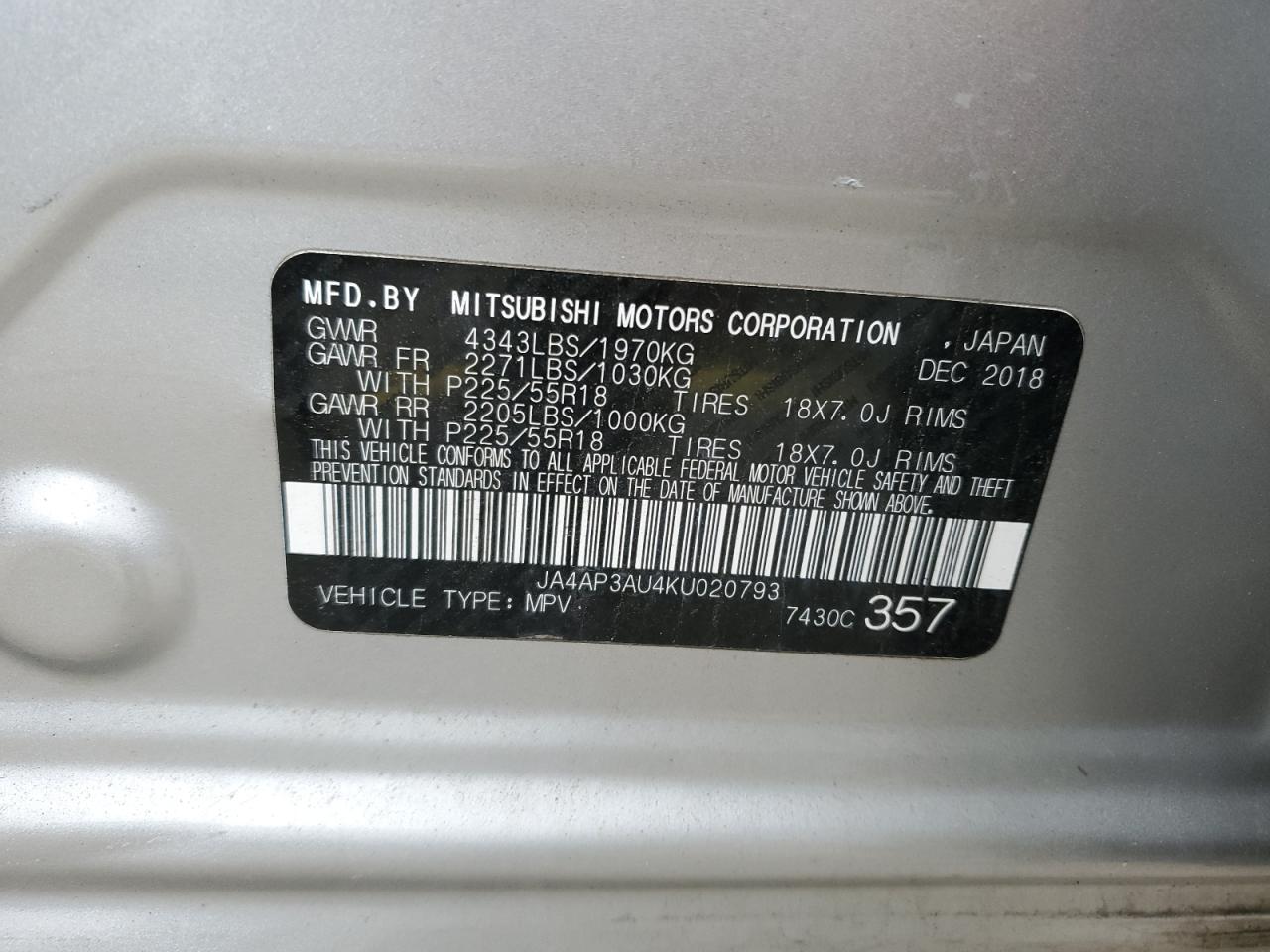 2019 Mitsubishi Outlander Sport Es VIN: JA4AP3AU4KU020793 Lot: 90228925