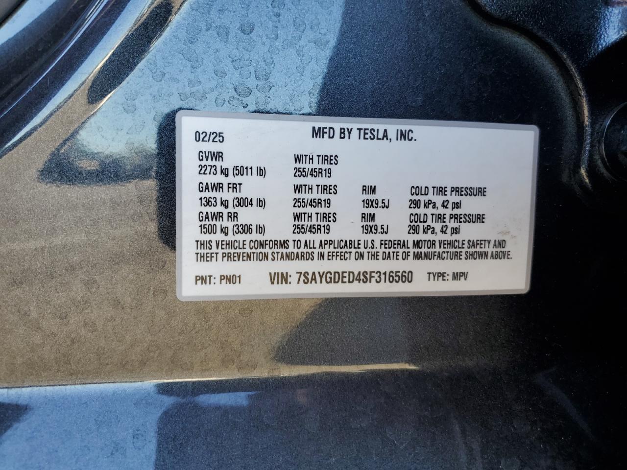 2025 Tesla Model Y VIN: 7SAYGDED4SF316560 Lot: 89687205