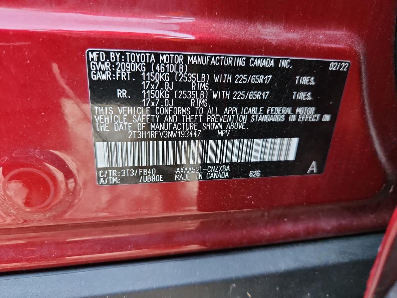 2022 Toyota Rav4 Le VIN: 2T3H1RFV3NW193447 Lot: 82201435