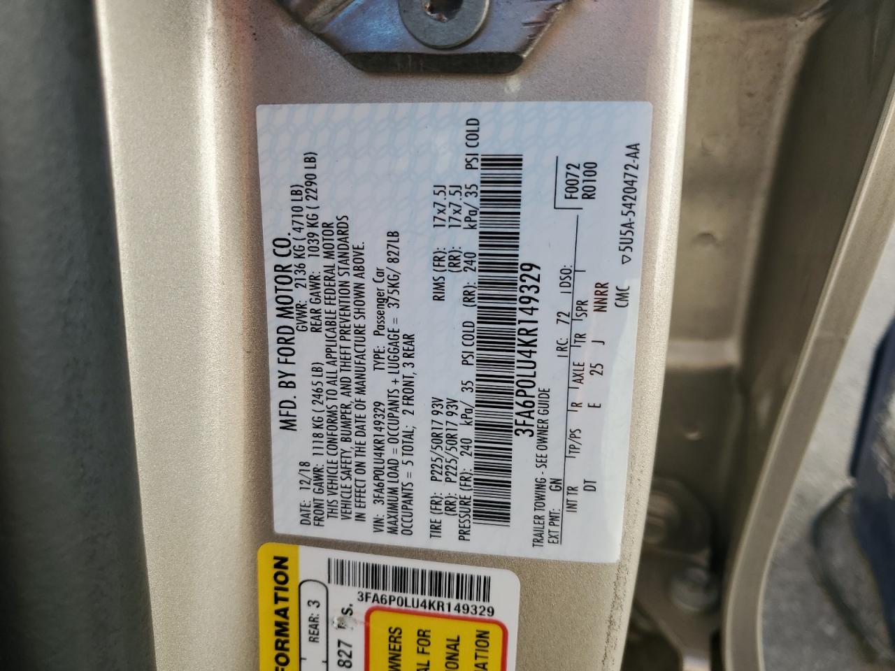 2019 Ford Fusion Se VIN: 3FA6P0LU4KR149329 Lot: 70938755