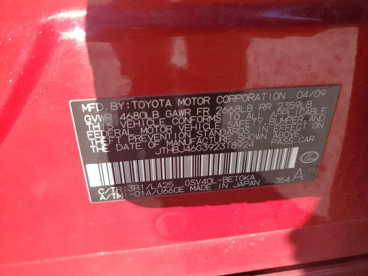 2009 Lexus Es 350 VIN: JTHBJ46G392318924 Lot: 86602775