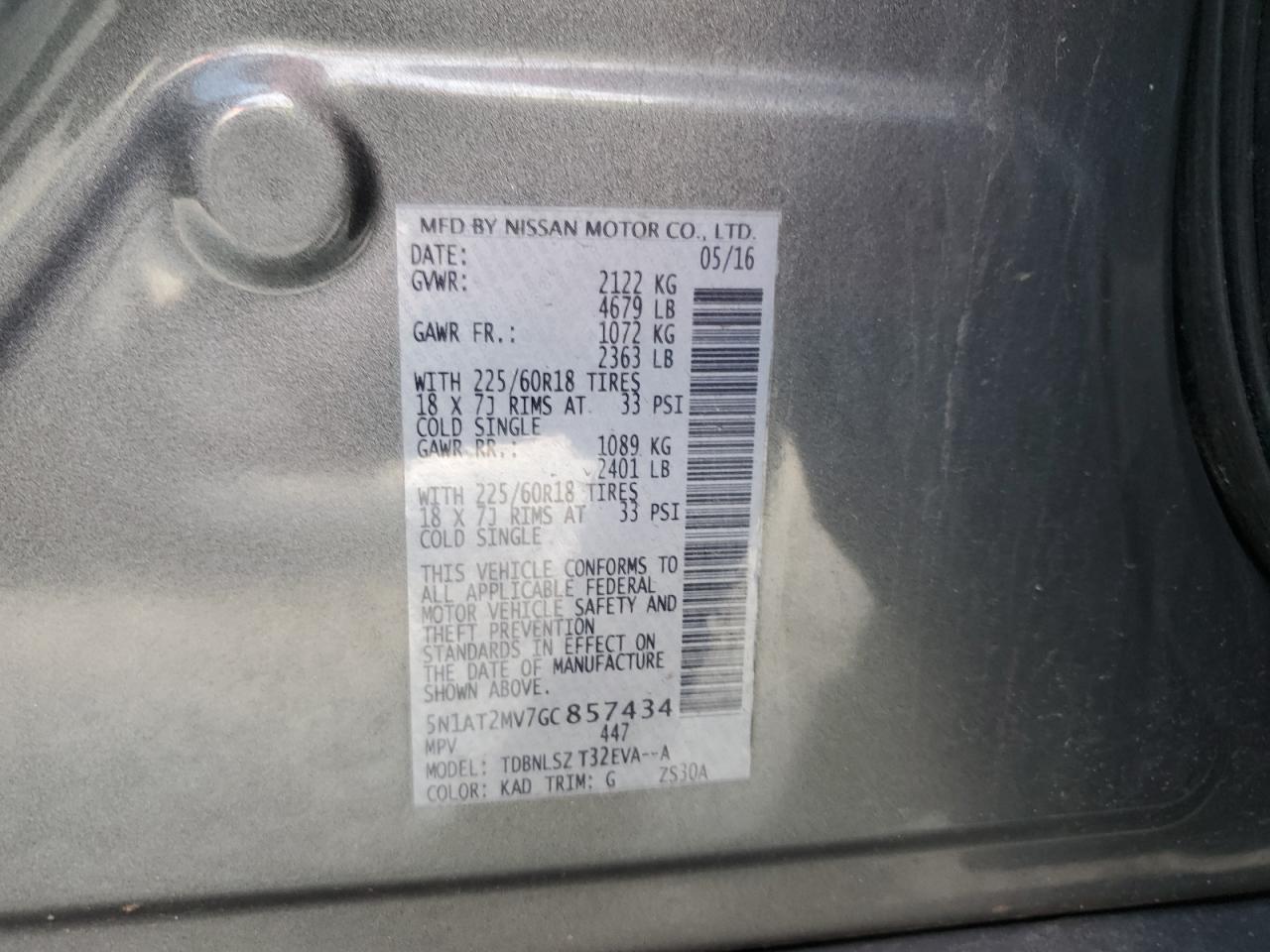 2016 Nissan Rogue S VIN: 5N1AT2MV7GC857434 Lot: 85660875