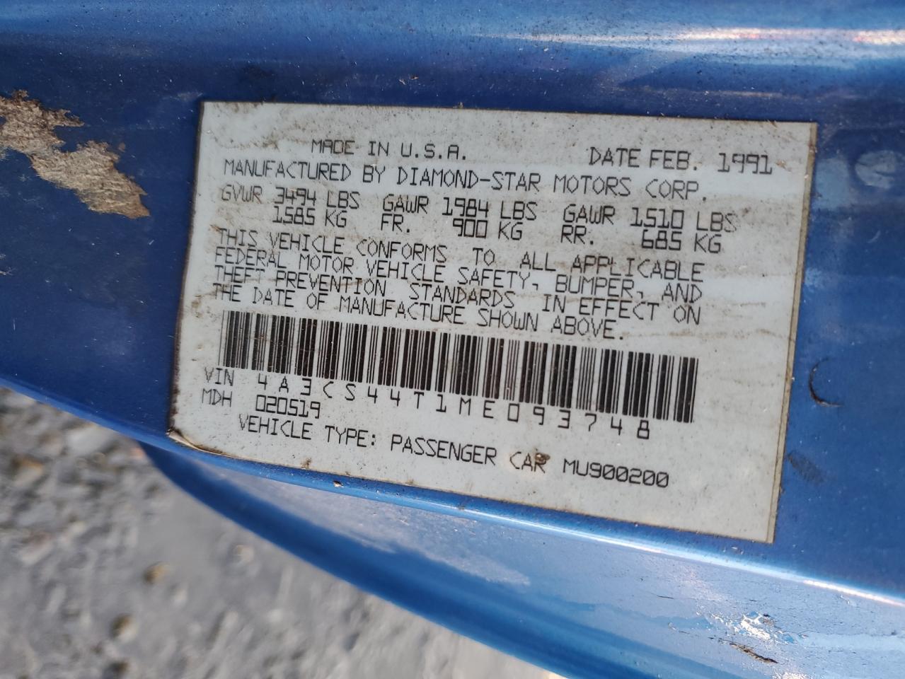 1991 Mitsubishi Eclipse Gs VIN: 4A3CS44T1ME093748 Lot: 90291565