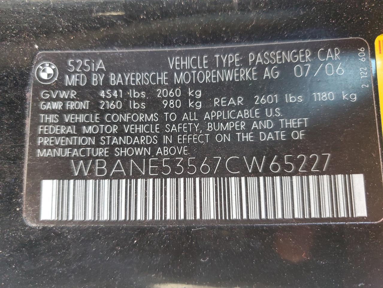 2007 BMW 525 I VIN: WBANE53567CW65227 Lot: 81932525
