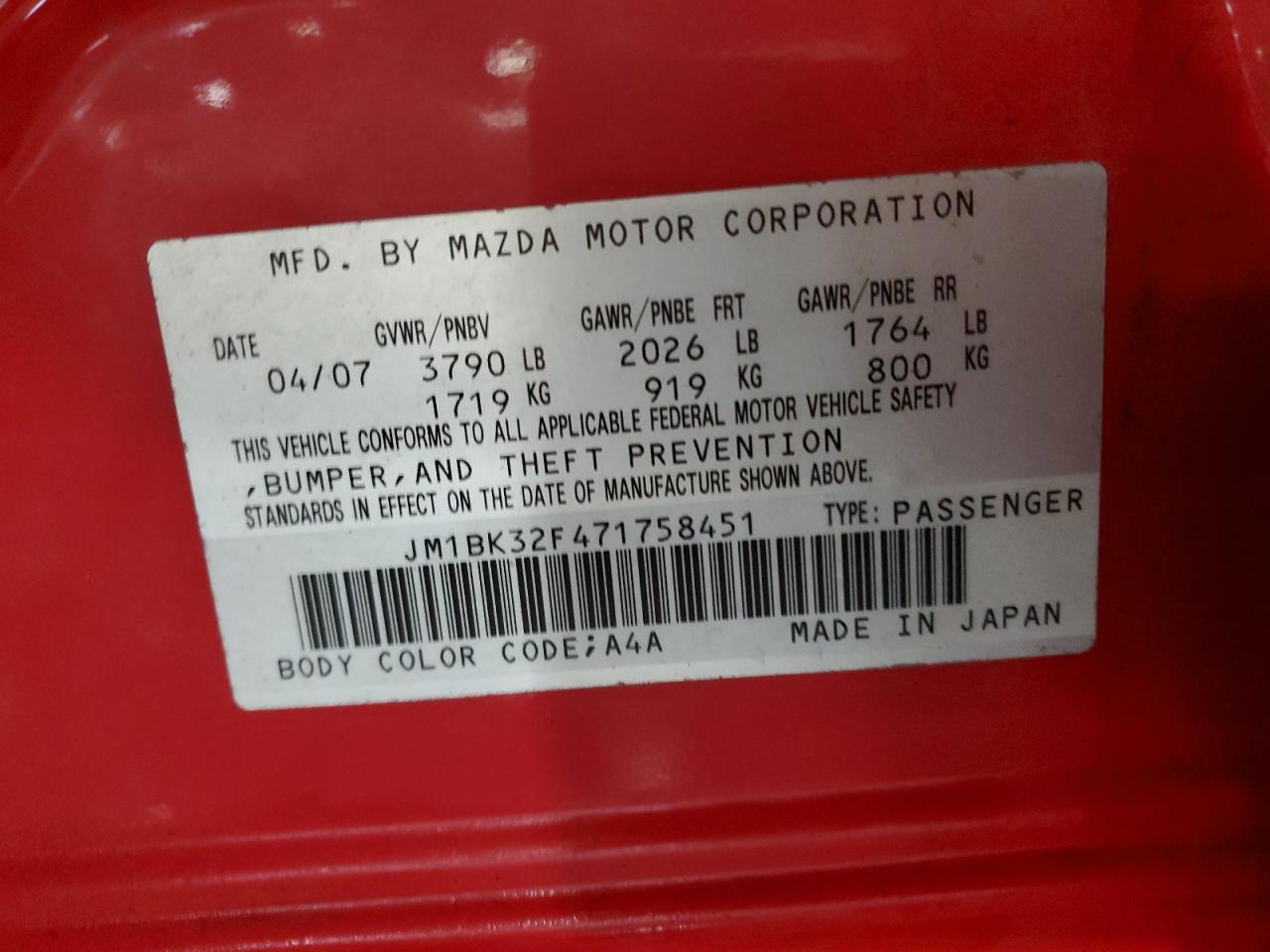 2007 Mazda 3 I VIN: JM1BK32F471758451 Lot: 82043685