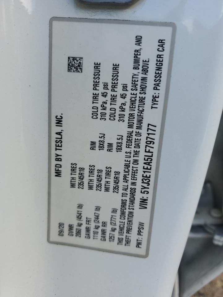 2020 Tesla Model 3 VIN: 5YJ3E1EA5LF797177 Lot: 85579985