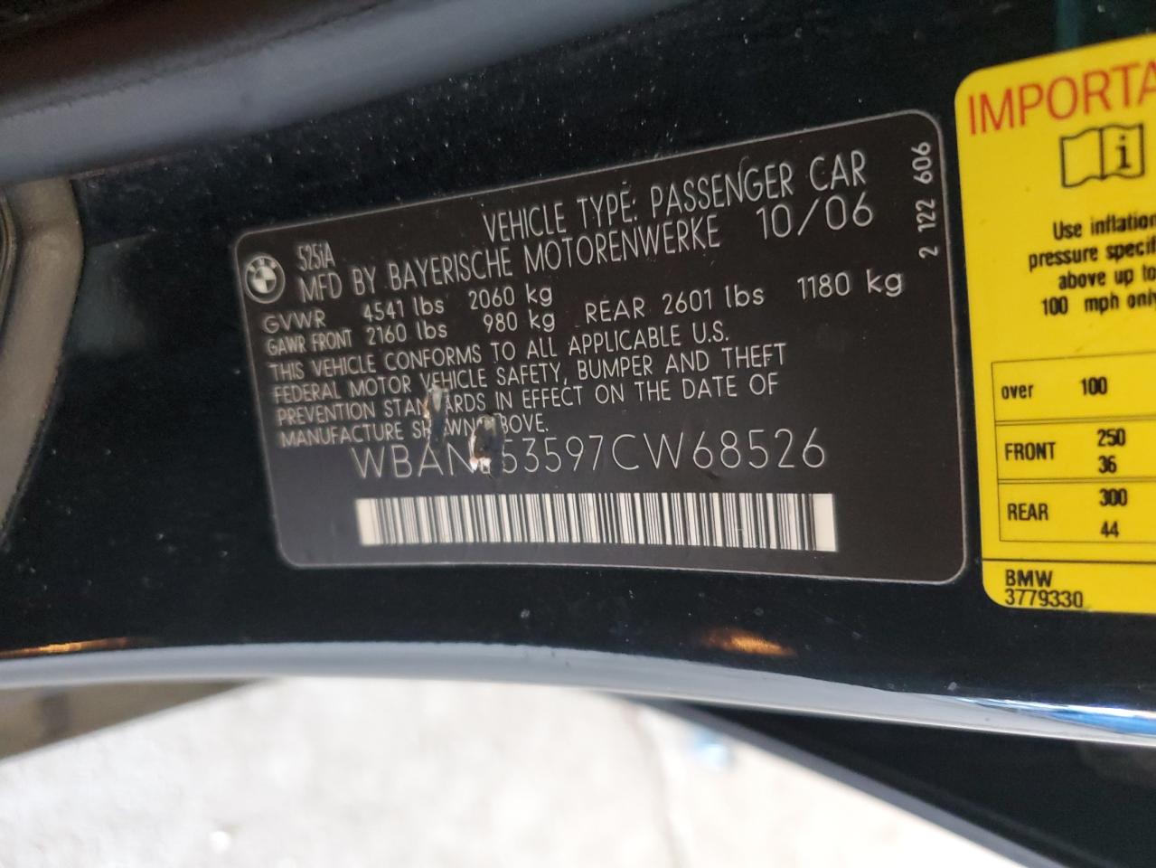2007 BMW 525 I VIN: WBANE53597CW68526 Lot: 87102295