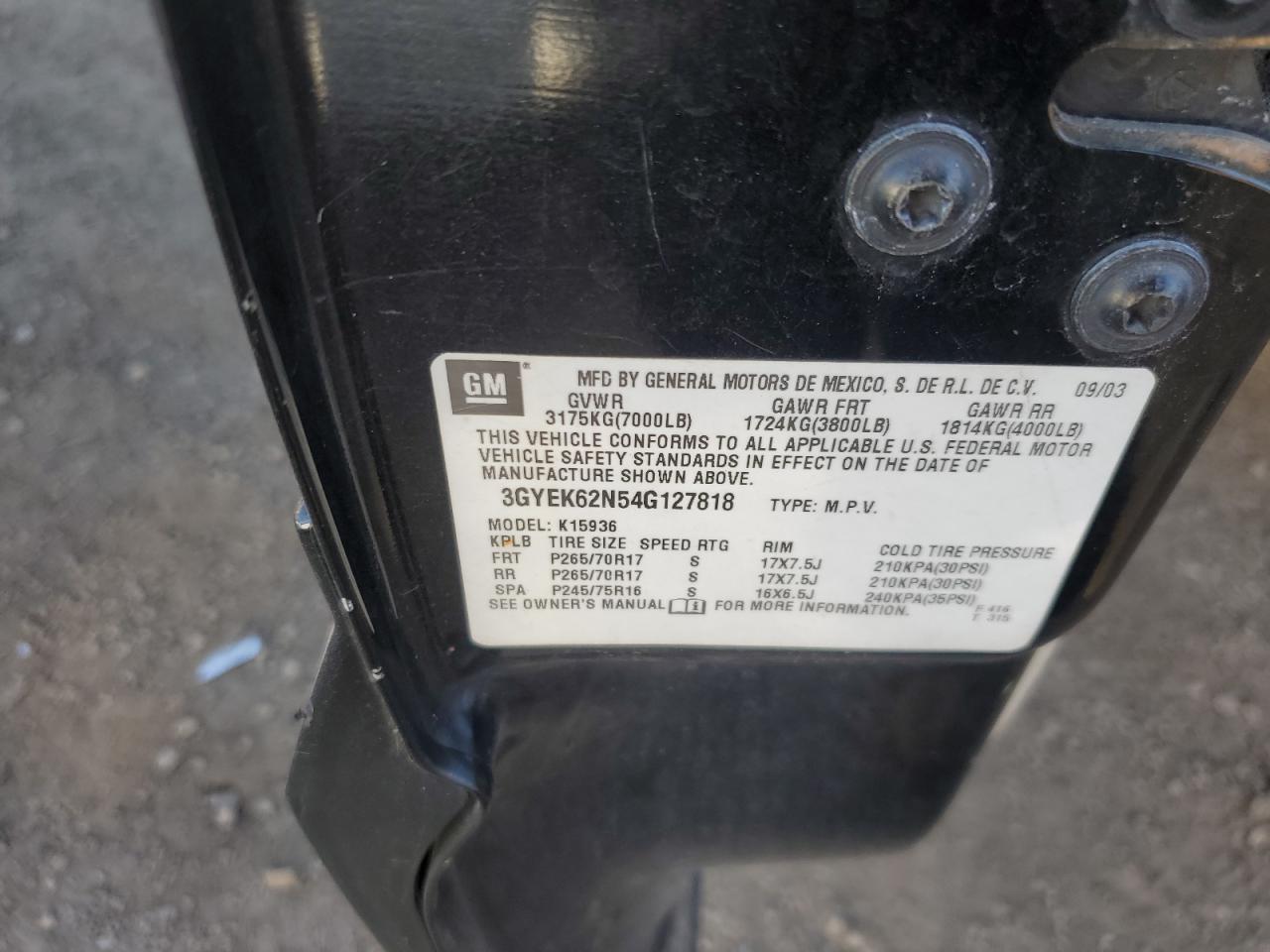 2004 Cadillac Escalade Ext VIN: 3GYEK62N54G127818 Lot: 90398515