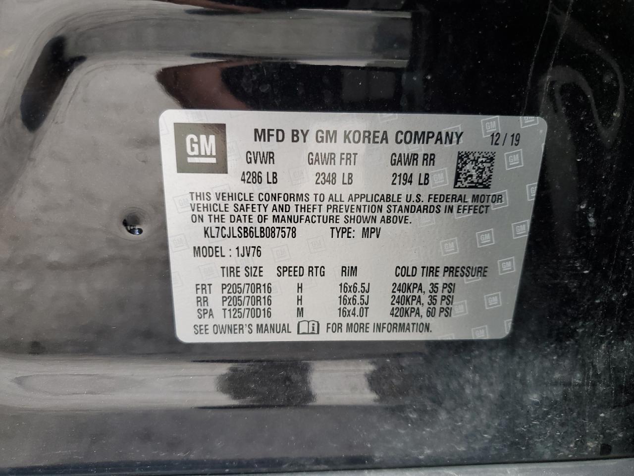 2020 Chevrolet Trax 1Lt VIN: KL7CJLSB6LB087578 Lot: 81991655