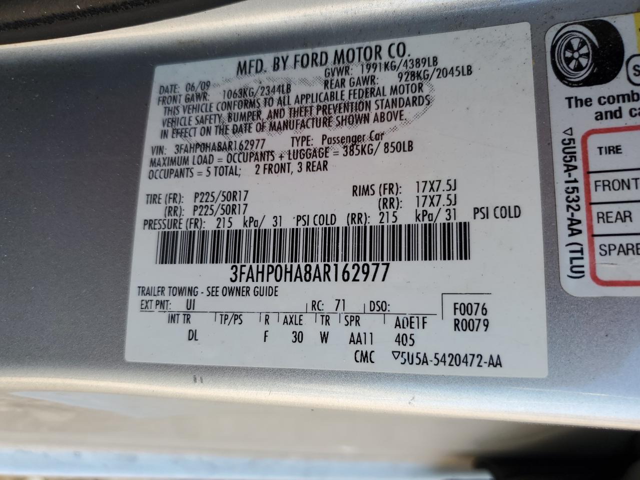 2010 Ford Fusion Se VIN: 3FAHP0HA8AR162977 Lot: 89566215