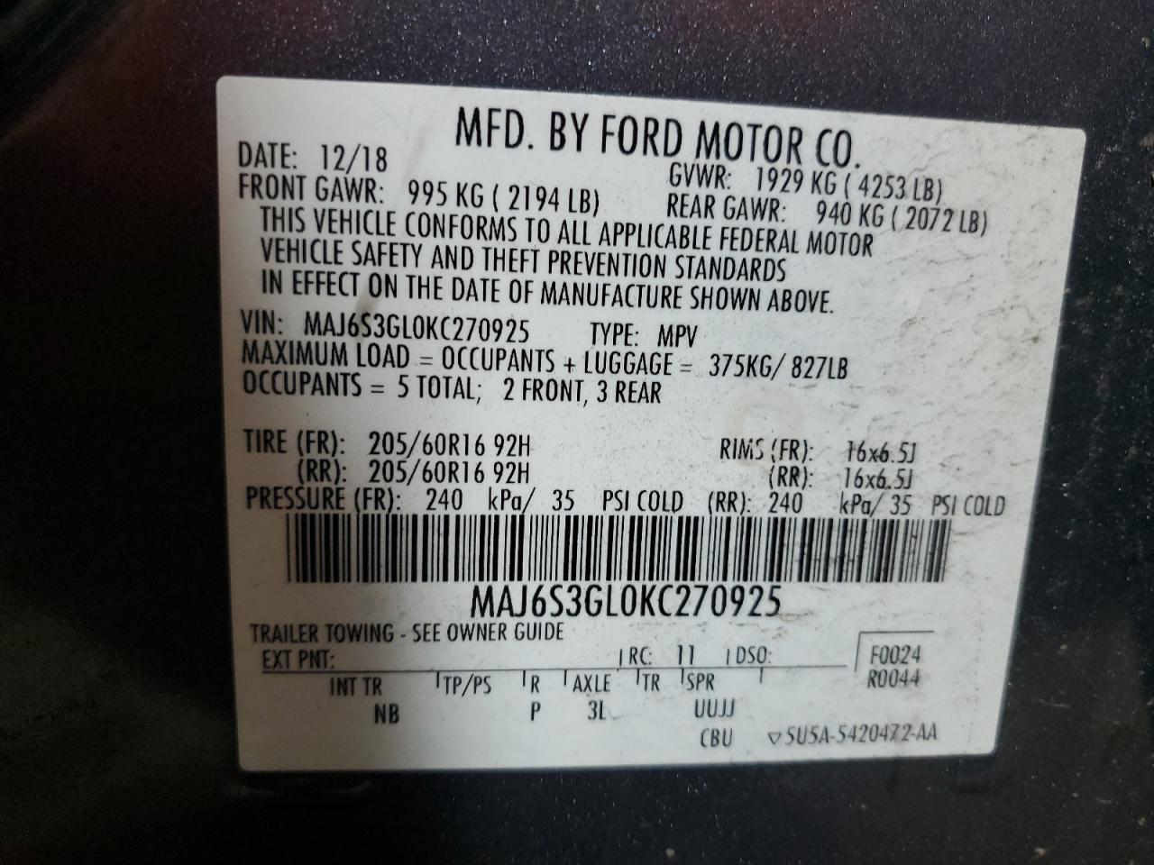 2019 Ford Ecosport Se VIN: MAJ6S3GL0KC270925 Lot: 89874795