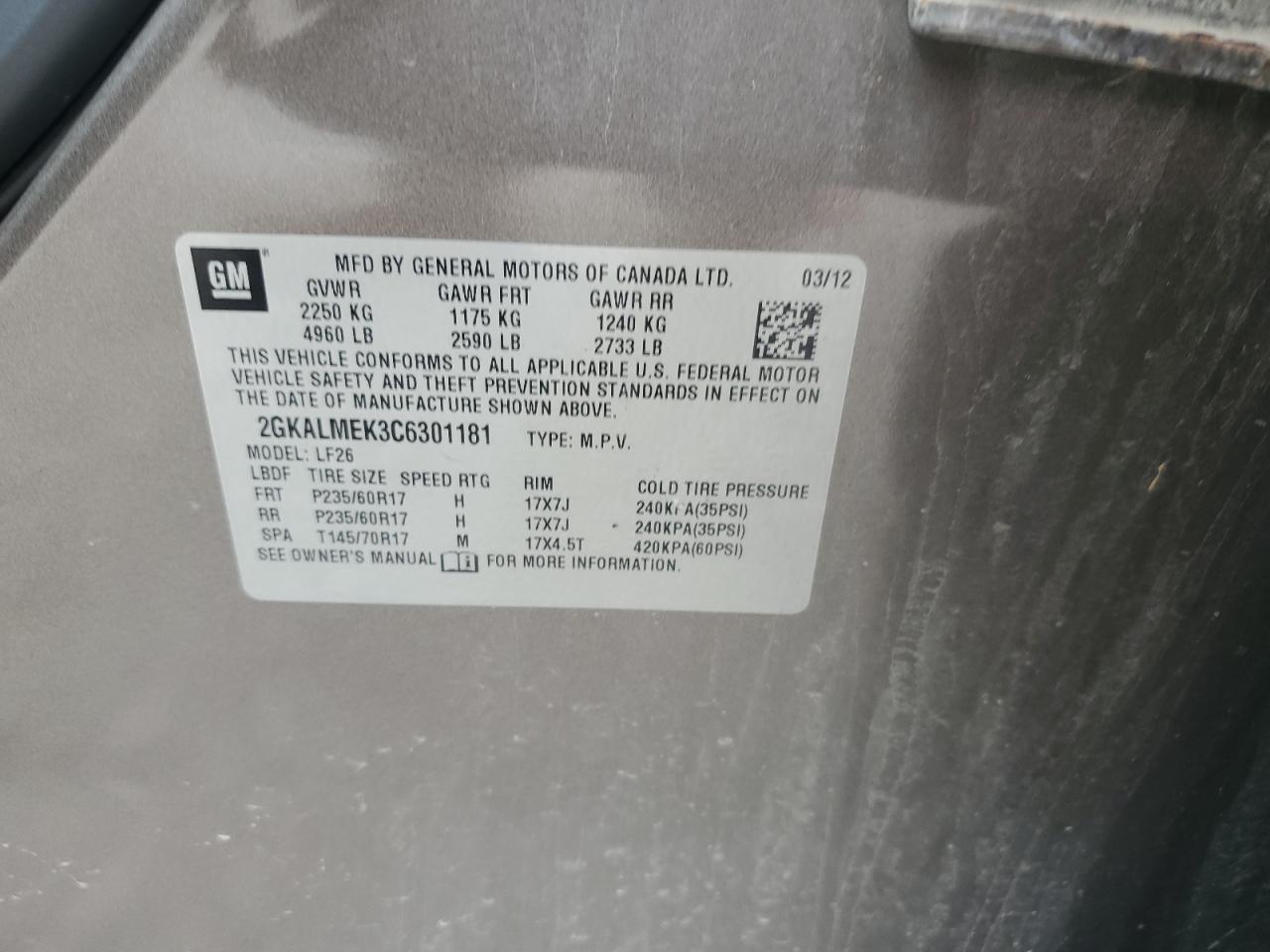 2012 GMC Terrain Sle VIN: 2GKALMEK3C6301181 Lot: 85948495